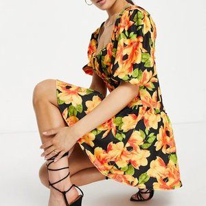 Asos Design Ruched Bust Flippy Mini Dress In Orange Floral Print-multi